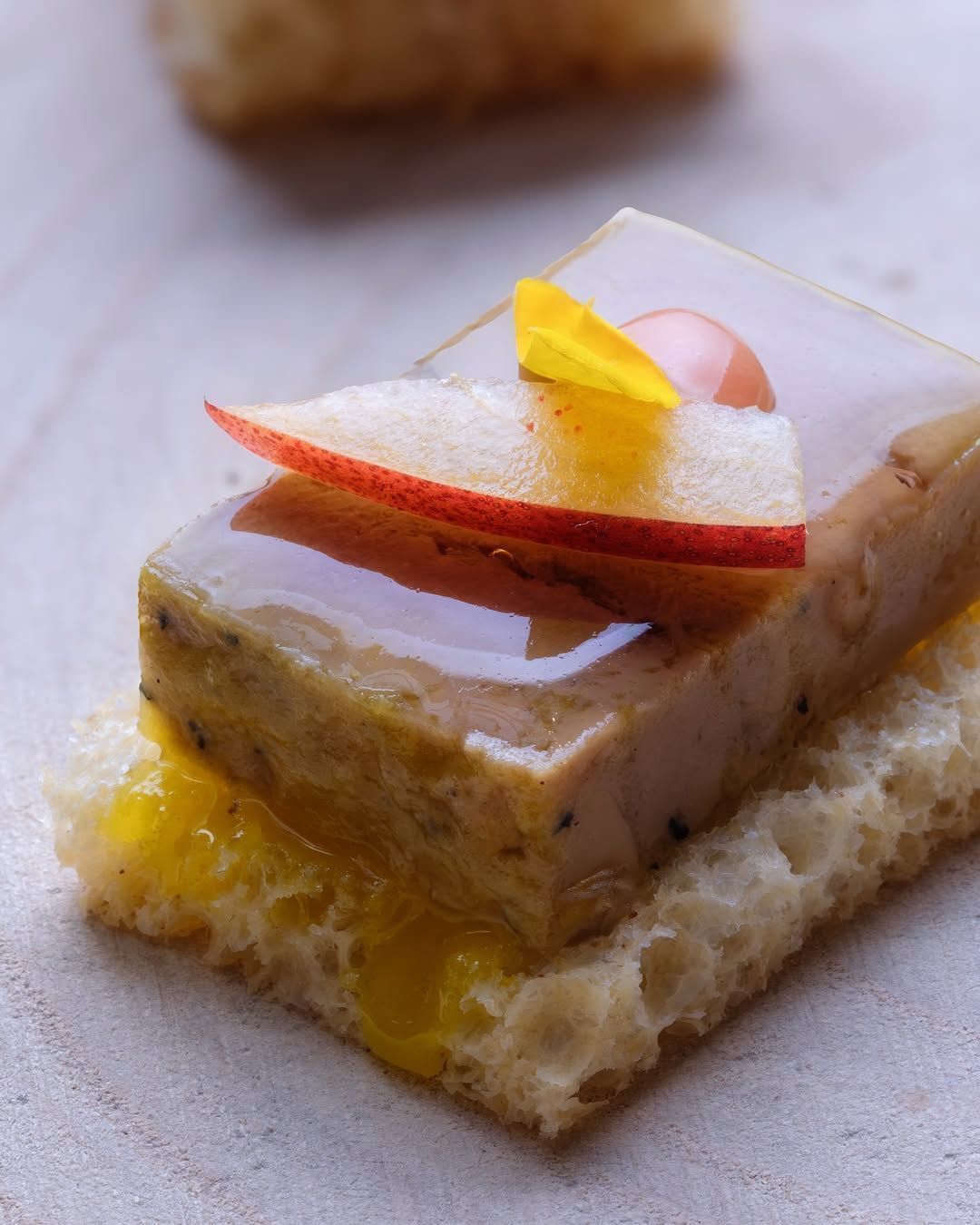 A delicate dish featuring layers of mousse-like texture, garnished with apple slices and a vibrant jelly.
